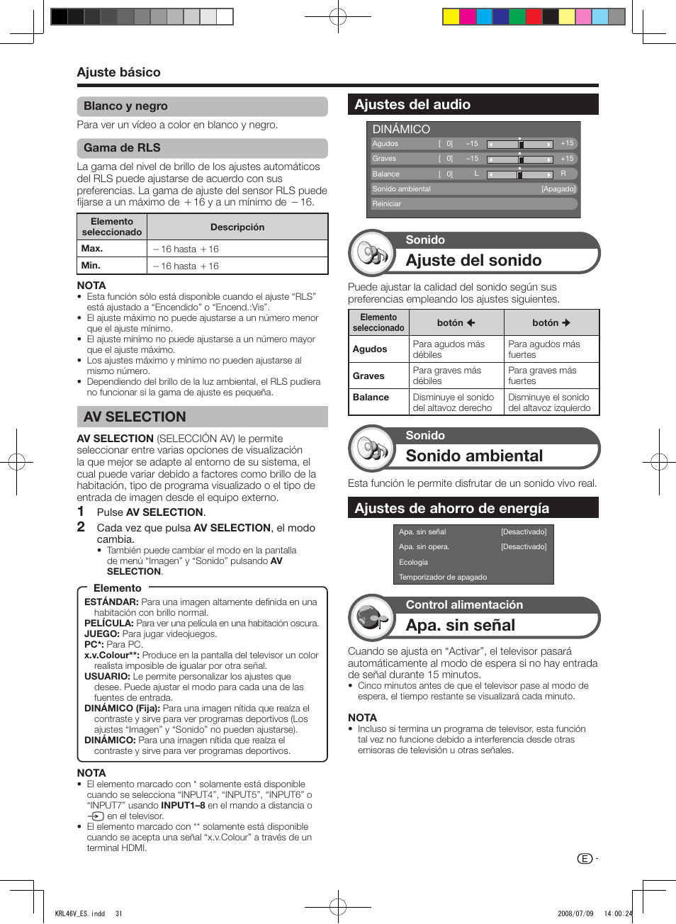 Av selection, Ajustes del audio, Ajustes de ahorro de energía | Ajuste del sonido, Sonido ambiental, Apa. sin señal, Ajuste básico | Pioneer KRL-46V User Manual | Page 273 / 338