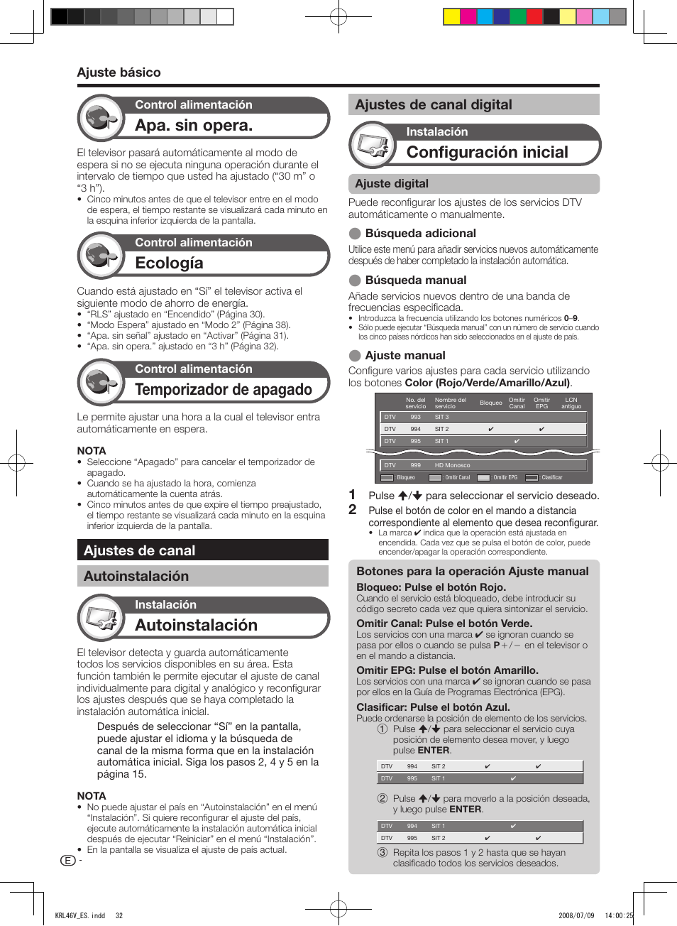 Ajustes de canal, Autoinstalación, Ajustes de canal digital | Apa. sin opera, Ecología, Temporizador de apagado, Configuración inicial, Ajustes de canal autoinstalación, Ajuste básico, Control alimentación | Pioneer KRL-46V User Manual | Page 274 / 338