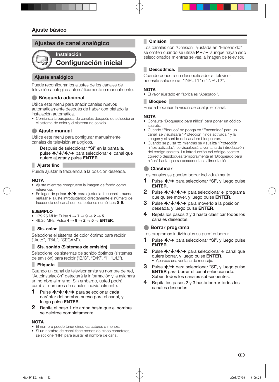 Ajustes de canal analógico, Configuración inicial, Ajuste básico | Pioneer KRL-46V User Manual | Page 275 / 338