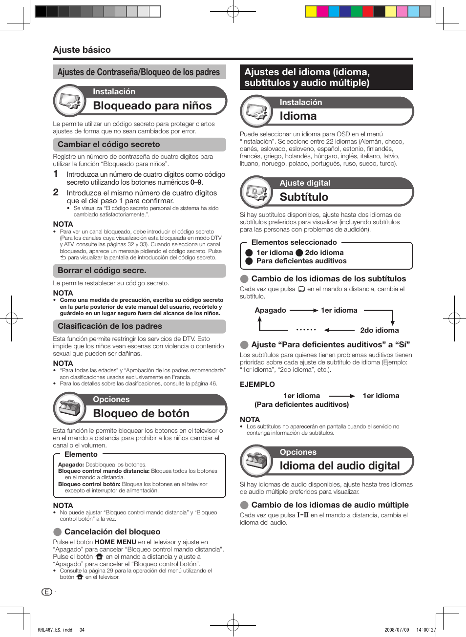 Ajustes de contraseña/bloqueo de los padres, Bloqueado para niños, Idioma | Subtítulo, Idioma del audio digital, Bloqueo de botón, Ajuste básico | Pioneer KRL-46V User Manual | Page 276 / 338