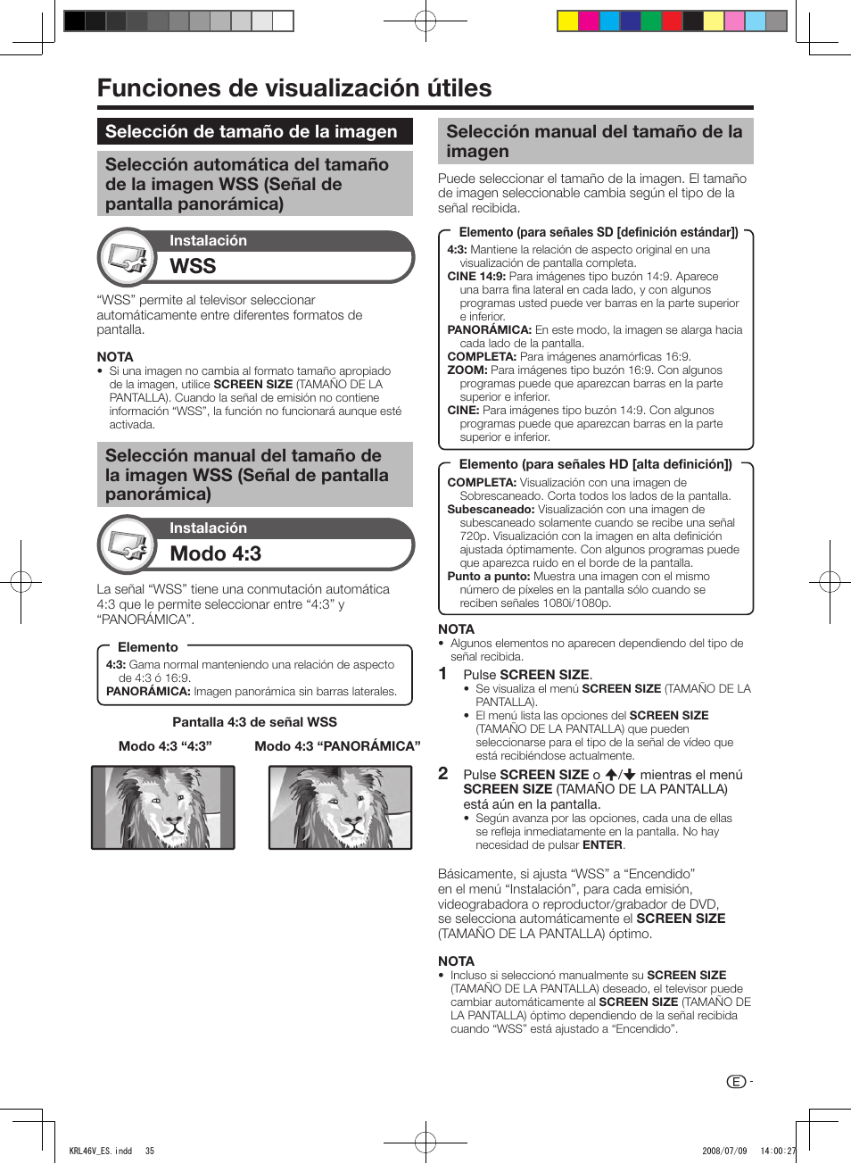 Funciones de visualización útiles, Selección de tamaño de la imagen, Selección automática del tamaño de la imagen wss | Señal de pantalla panorámica), Selección manual del tamaño de la imagen wss, Selección manual del tamaño de la imagen, Modo 4:3 | Pioneer KRL-46V User Manual | Page 277 / 338