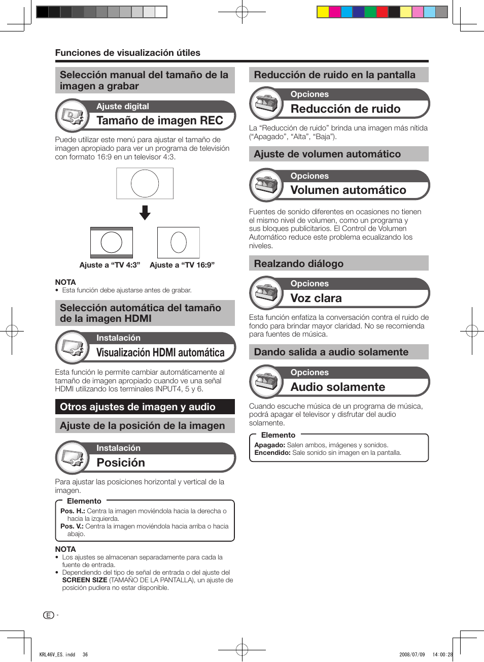 Selección manual del tamaño de la imagen a grabar, Selección automática del tamaño de la imagen hdmi, Otros ajustes de imagen y audio | Ajuste de la posición de la imagen, Reducción de ruido en la pantalla, Ajuste de volumen automático, Realzando diálogo, Dando salida a audio solamente, Tamaño de imagen rec, Visualización hdmi automática | Pioneer KRL-46V User Manual | Page 278 / 338