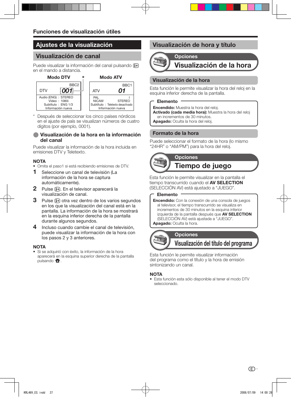 Ajustes de la visualización, Visualización de canal, Visualización de hora y título | Visualización de la hora, Tiempo de juego, Visualización del título del programa, Ajustes de la visualización visualización de canal, Funciones de visualización útiles | Pioneer KRL-46V User Manual | Page 279 / 338