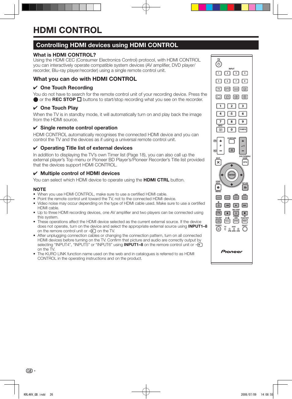 Hdmi control, Controlling hdmi devices using hdmi control, What you can do with hdmi control | What is hdmi control, One touch recording, One touch play, Single remote control operation, Operating title list of external devices, Multiple control of hdmi devices | Pioneer KRL-46V User Manual | Page 28 / 338