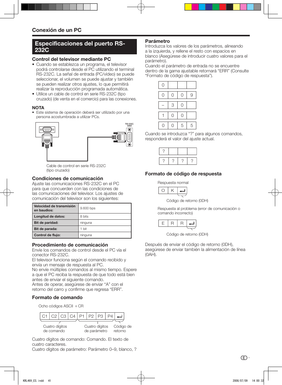 Especificaciones del puerto rs-232c, Especificaciones del puerto rs- 232c, Conexión de un pc | Pioneer KRL-46V User Manual | Page 283 / 338
