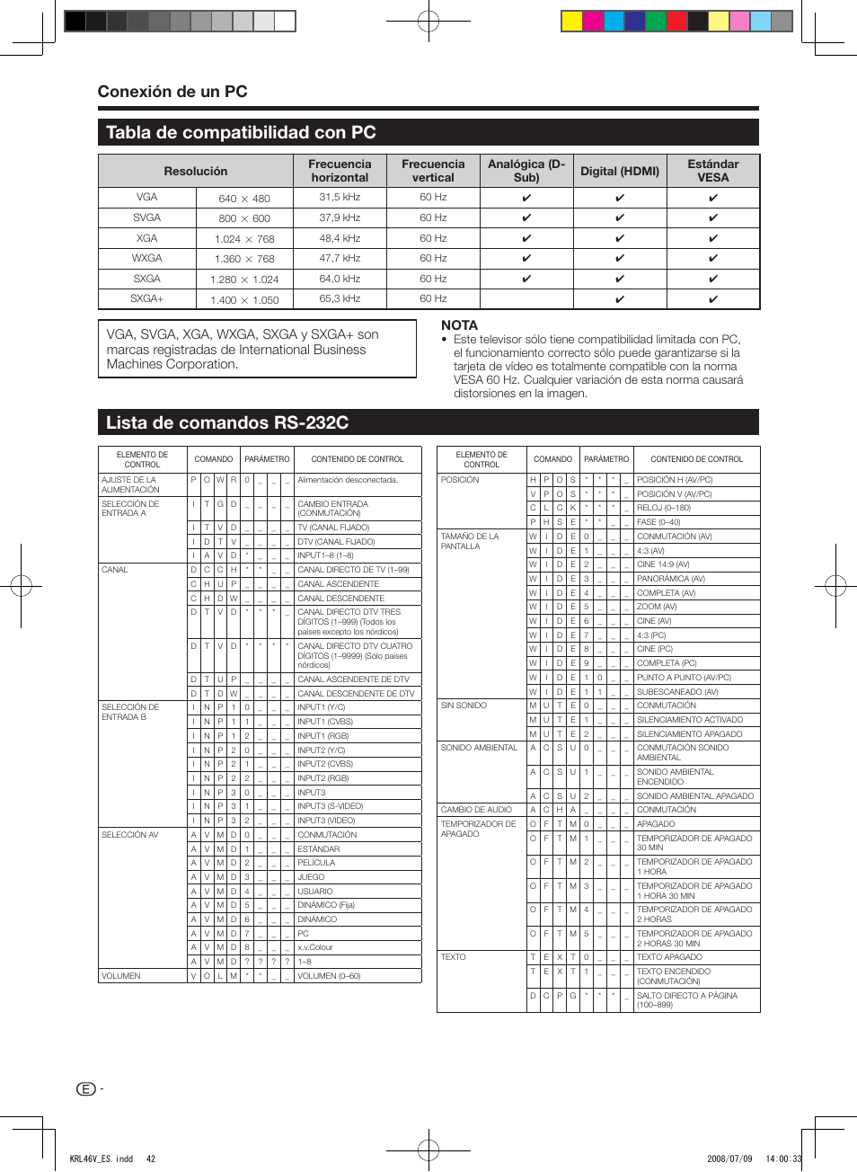 Tabla de compatibilidad con pc, Lista de comandos rs-232c, Conexión de un pc | Nota | Pioneer KRL-46V User Manual | Page 284 / 338