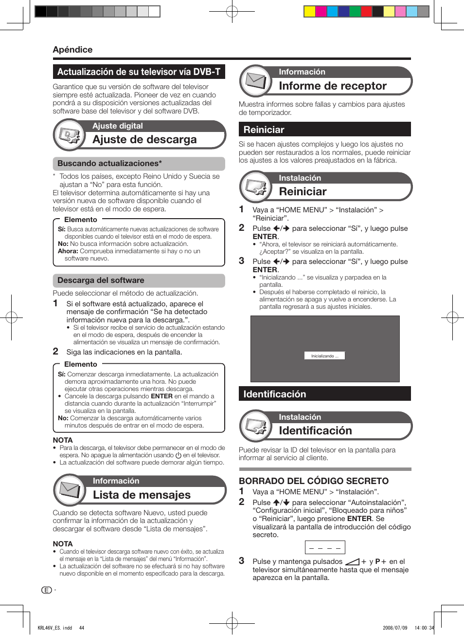 Actualización de su televisor vía dvb-t, Reiniciar, Identificación | Ajuste de descarga, Lista de mensajes, Informe de receptor | Pioneer KRL-46V User Manual | Page 286 / 338