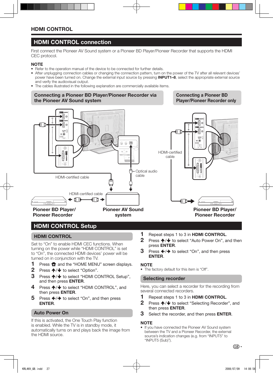 Hdmi control connection, Hdmi control setup | Pioneer KRL-46V User Manual | Page 29 / 338