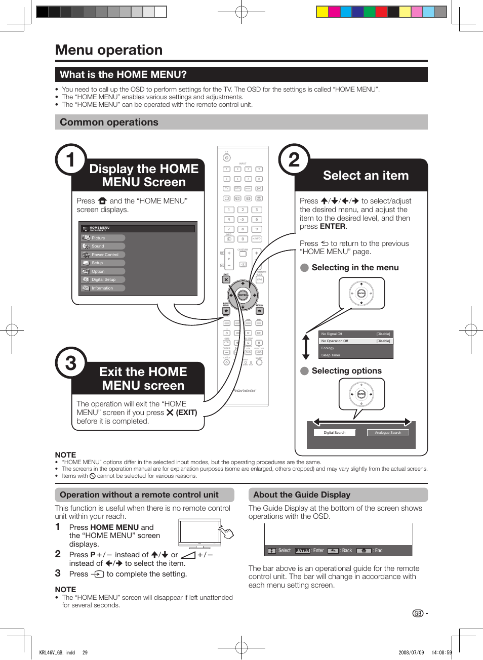 Menu operation, What is the home menu, Common operations | Operation without a remote control unit, About the guide display, Selecting in the menu e selecting options e | Pioneer KRL-46V User Manual | Page 31 / 338