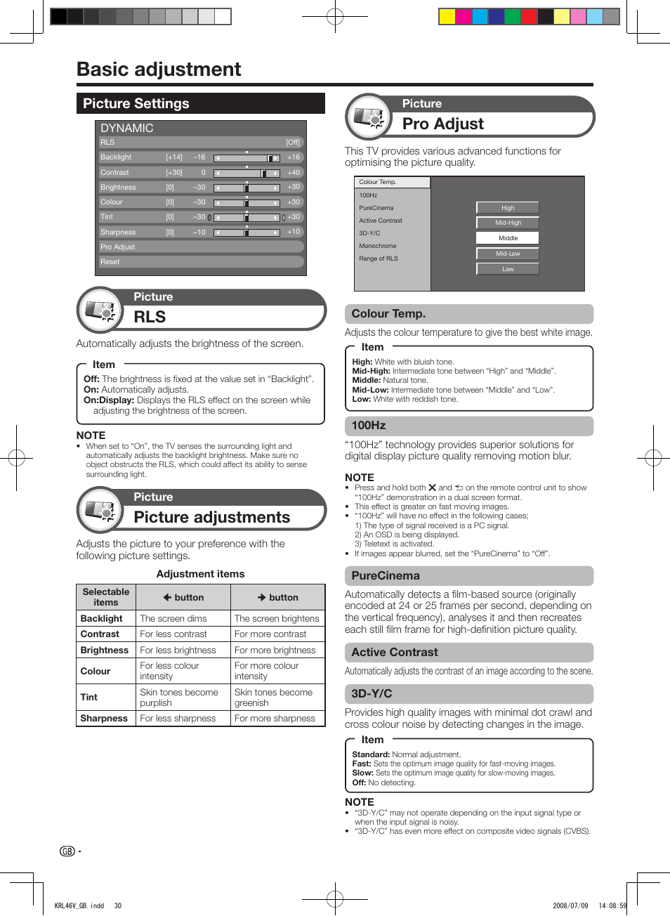 Basic adjustment, Picture settings, Pro adjust | Picture adjustments, Colour temp, Dynamic 100hz, Purecinema, Active contrast, 3d-y/c, Picture | Pioneer KRL-46V User Manual | Page 32 / 338