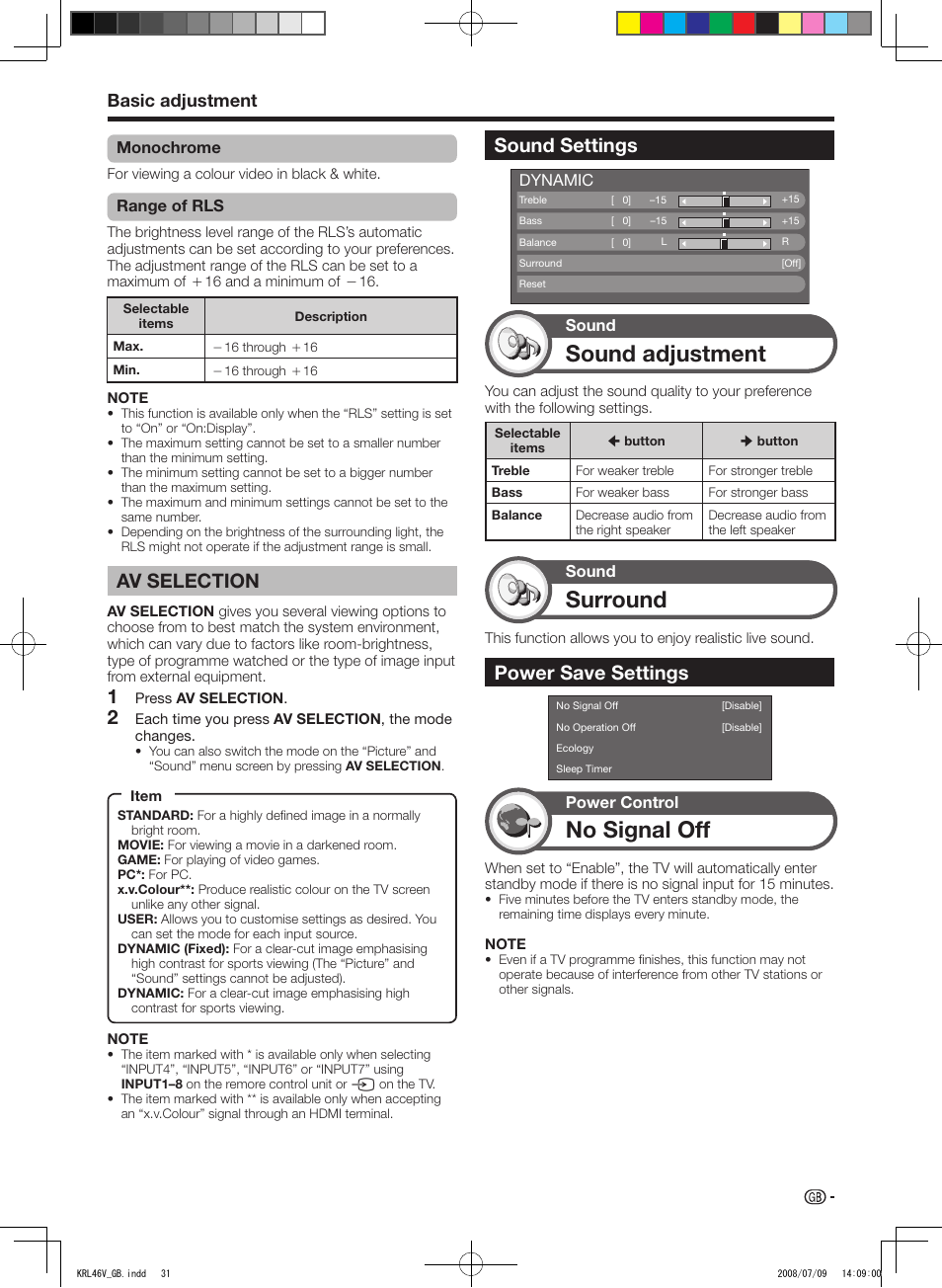 Av selection, Sound settings, Power save settings | Sound adjustment, Surround, No signal off, Basic adjustment | Pioneer KRL-46V User Manual | Page 33 / 338