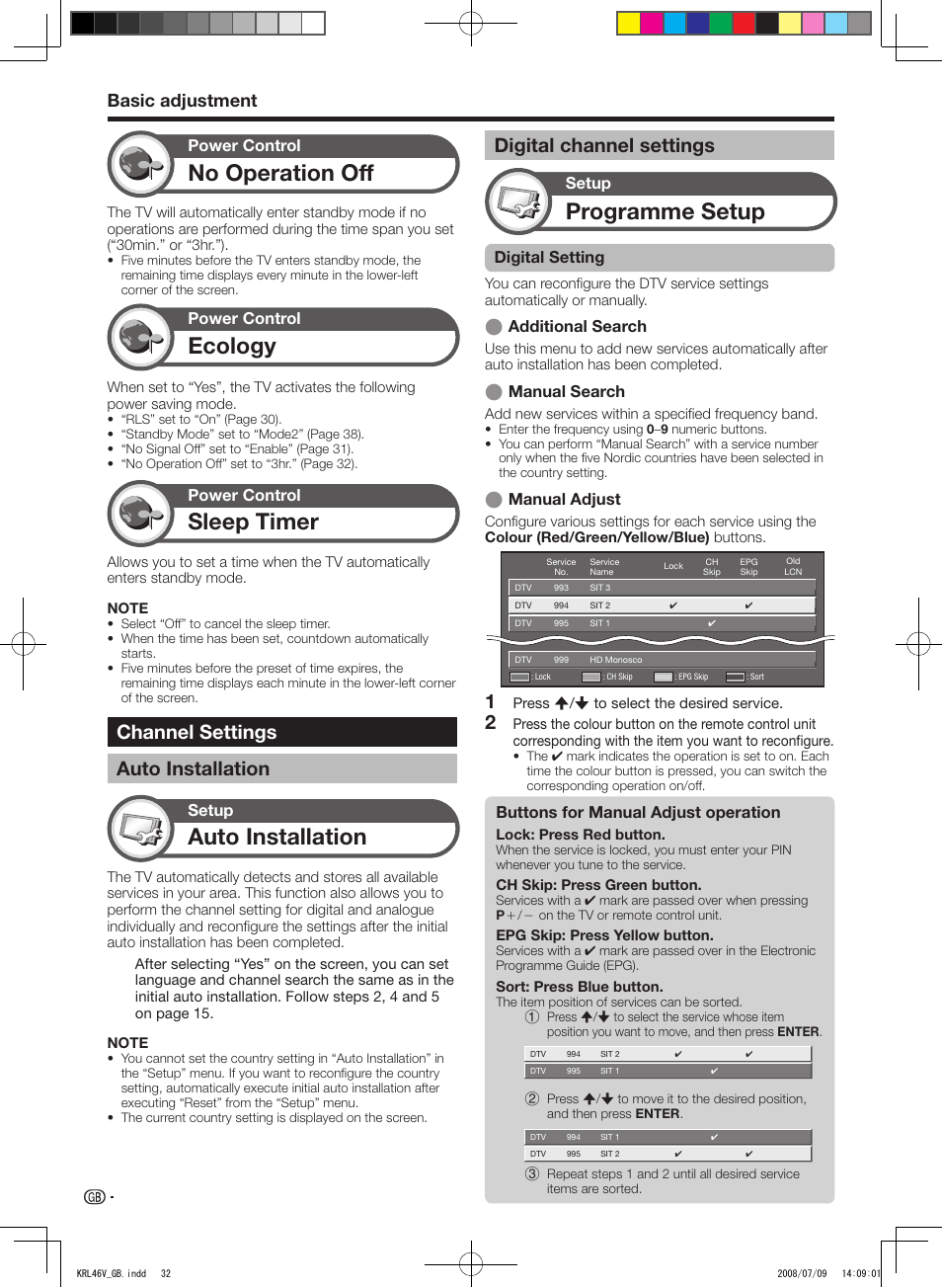 Channel settings, Auto installation, Digital channel settings | No operation off, Ecology, Sleep timer, Programme setup, Channel settings auto installation, Basic adjustment, Power control | Pioneer KRL-46V User Manual | Page 34 / 338
