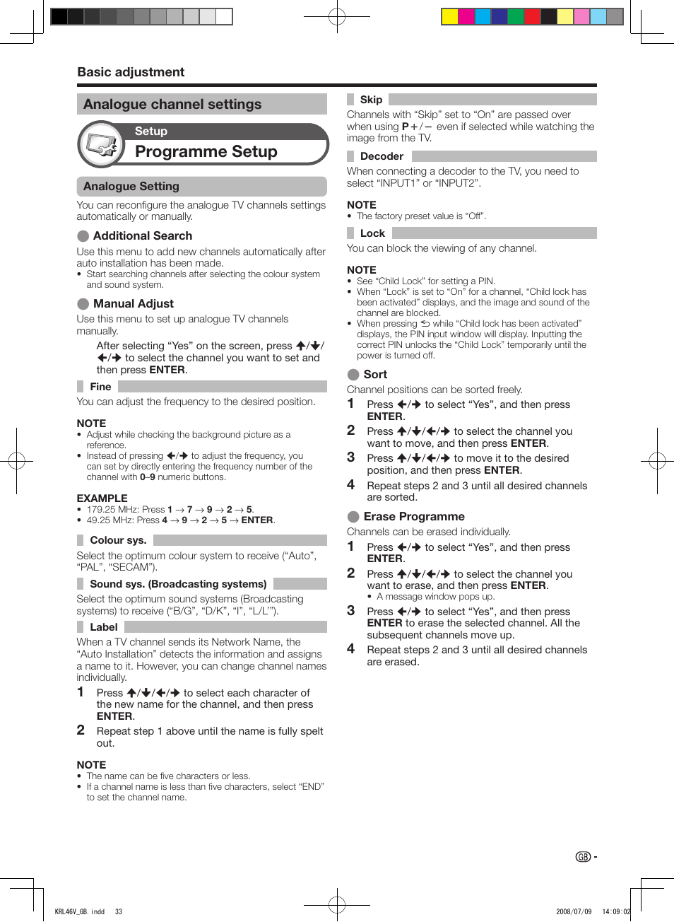 Analogue channel settings, Programme setup, Basic adjustment | Pioneer KRL-46V User Manual | Page 35 / 338