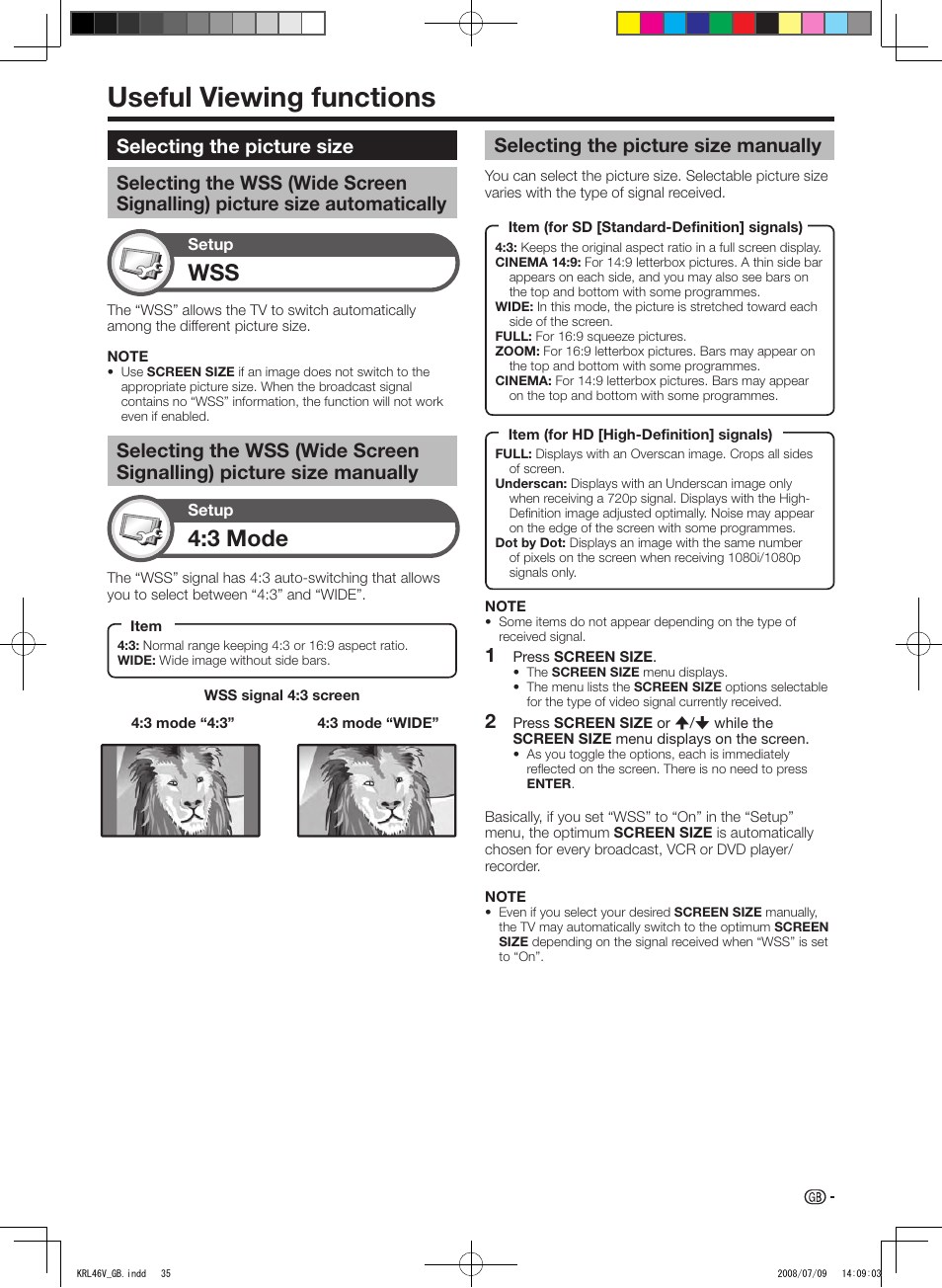 Useful viewing functions, Selecting the picture size, Selecting the wss (wide screen signalling) | Picture size automatically, Picture size manually, Selecting the picture size manually, 3 mode | Pioneer KRL-46V User Manual | Page 37 / 338