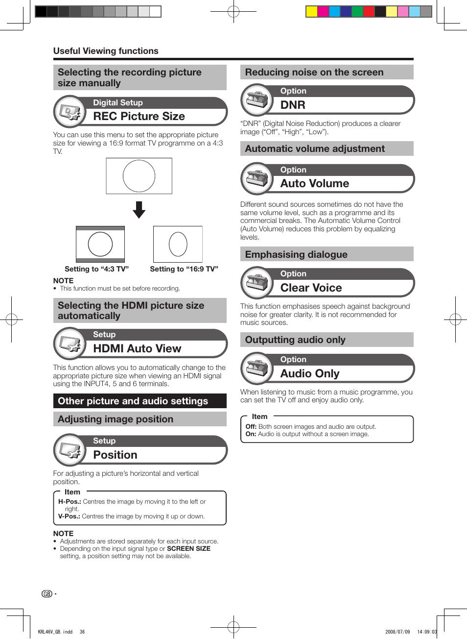 Selecting the recording picture size manually, Selecting the hdmi picture size automatically, Other picture and audio settings | Adjusting image position, Reducing noise on the screen, Automatic volume adjustment, Emphasising dialogue, Outputting audio only, Rec picture size, Hdmi auto view | Pioneer KRL-46V User Manual | Page 38 / 338