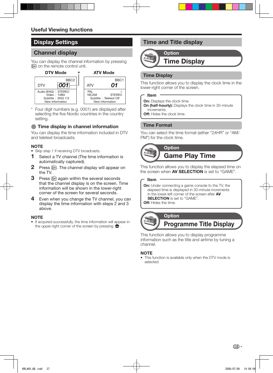 Display settings, Channel display, Time and title display | Time display, Game play time, Programme title display, Display settings channel display, Useful viewing functions | Pioneer KRL-46V User Manual | Page 39 / 338