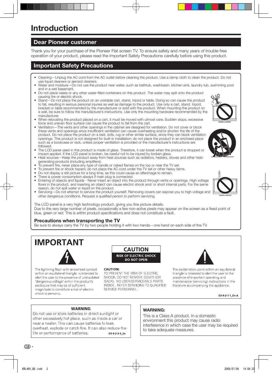 Introduction, Dear pioneer customer, Important safety precautions | Pioneer KRL-46V User Manual | Page 4 / 338