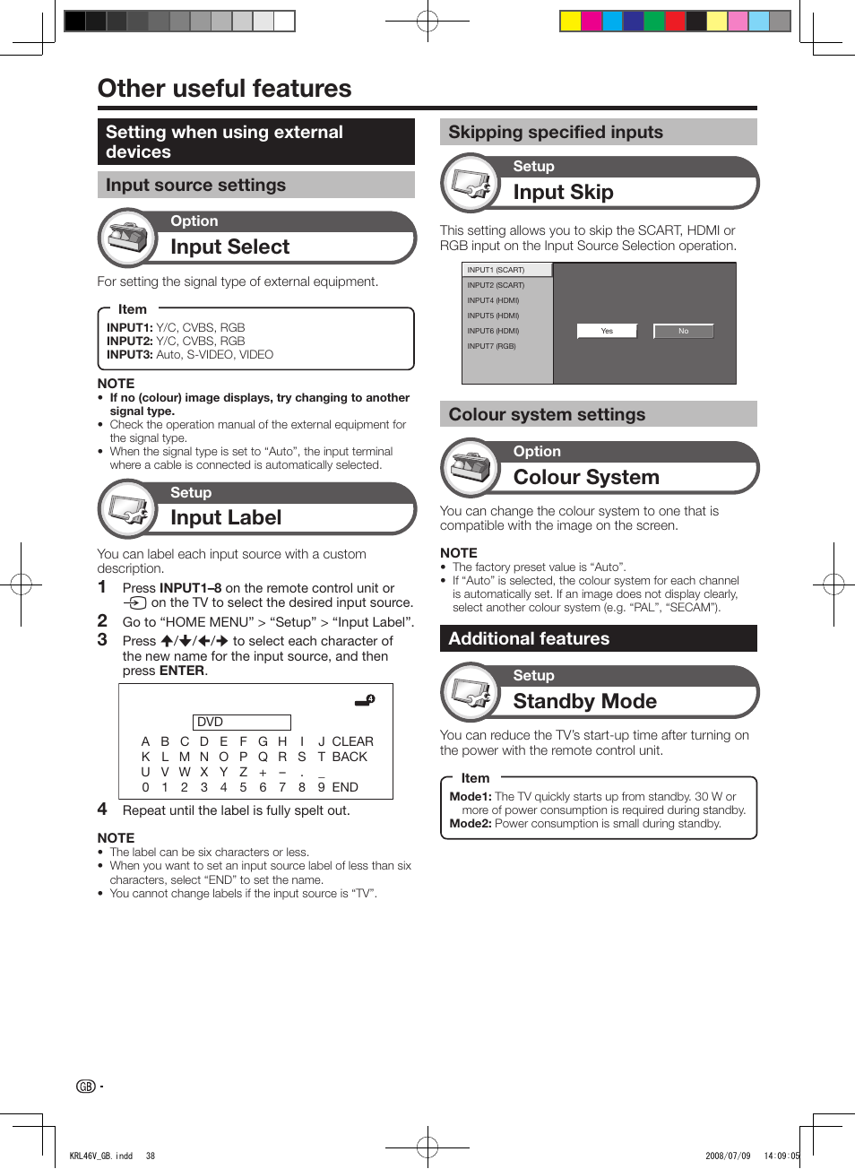 Other useful features, Setting when using external devices, Input source settings | Skipping specified inputs, Colour system settings, Additional features, Input select, Input label, Input skip, Standby mode | Pioneer KRL-46V User Manual | Page 40 / 338