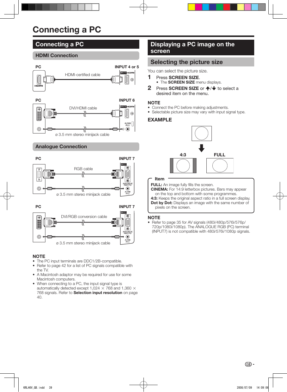 Connecting a pc, Displaying a pc image on the screen, Selecting the picture size | Pioneer KRL-46V User Manual | Page 41 / 338