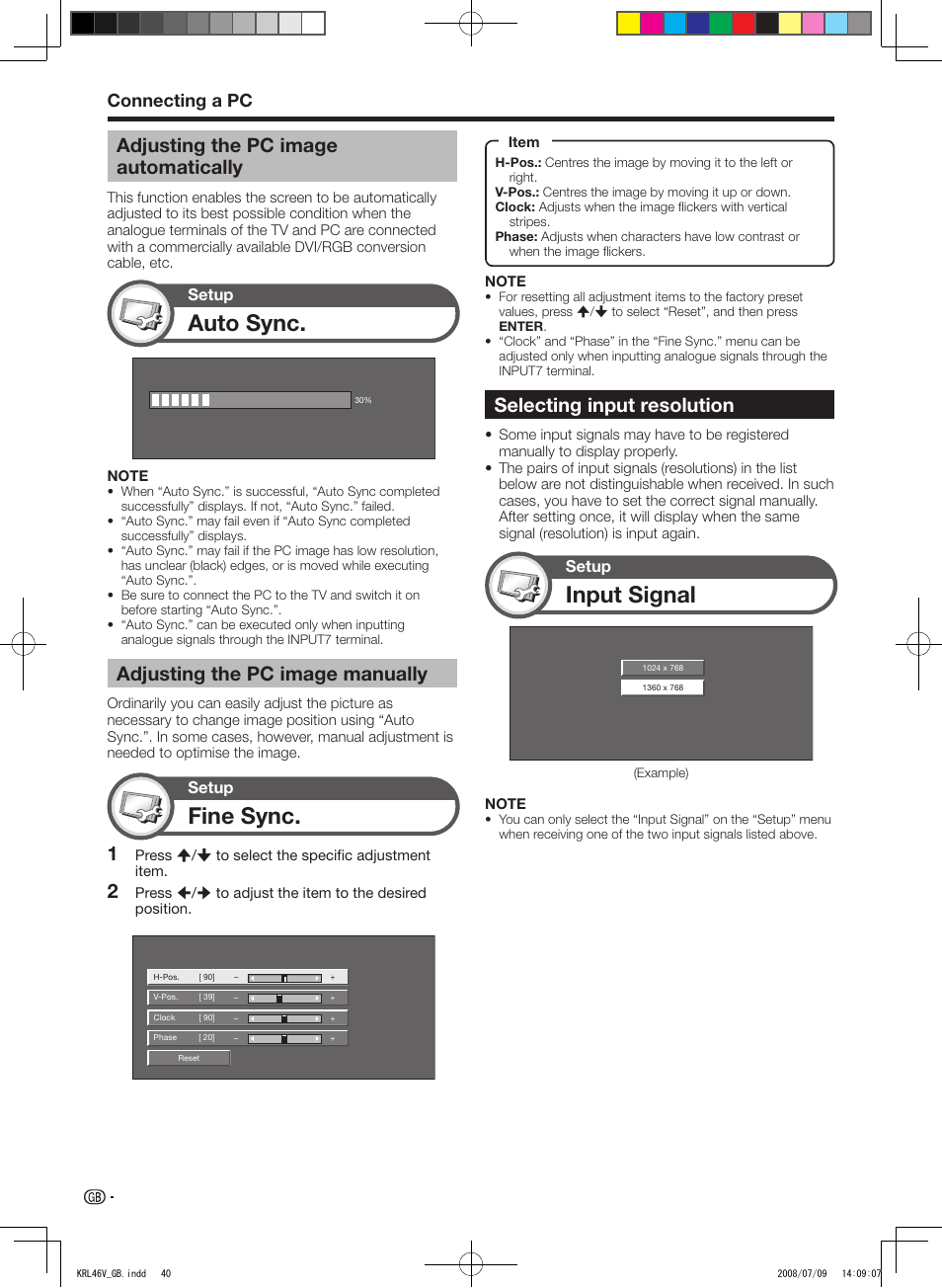 Adjusting the pc image automatically, Adjusting the pc image manually, Selecting input resolution | Fine sync, Input signal, Auto sync, Connecting a pc | Pioneer KRL-46V User Manual | Page 42 / 338