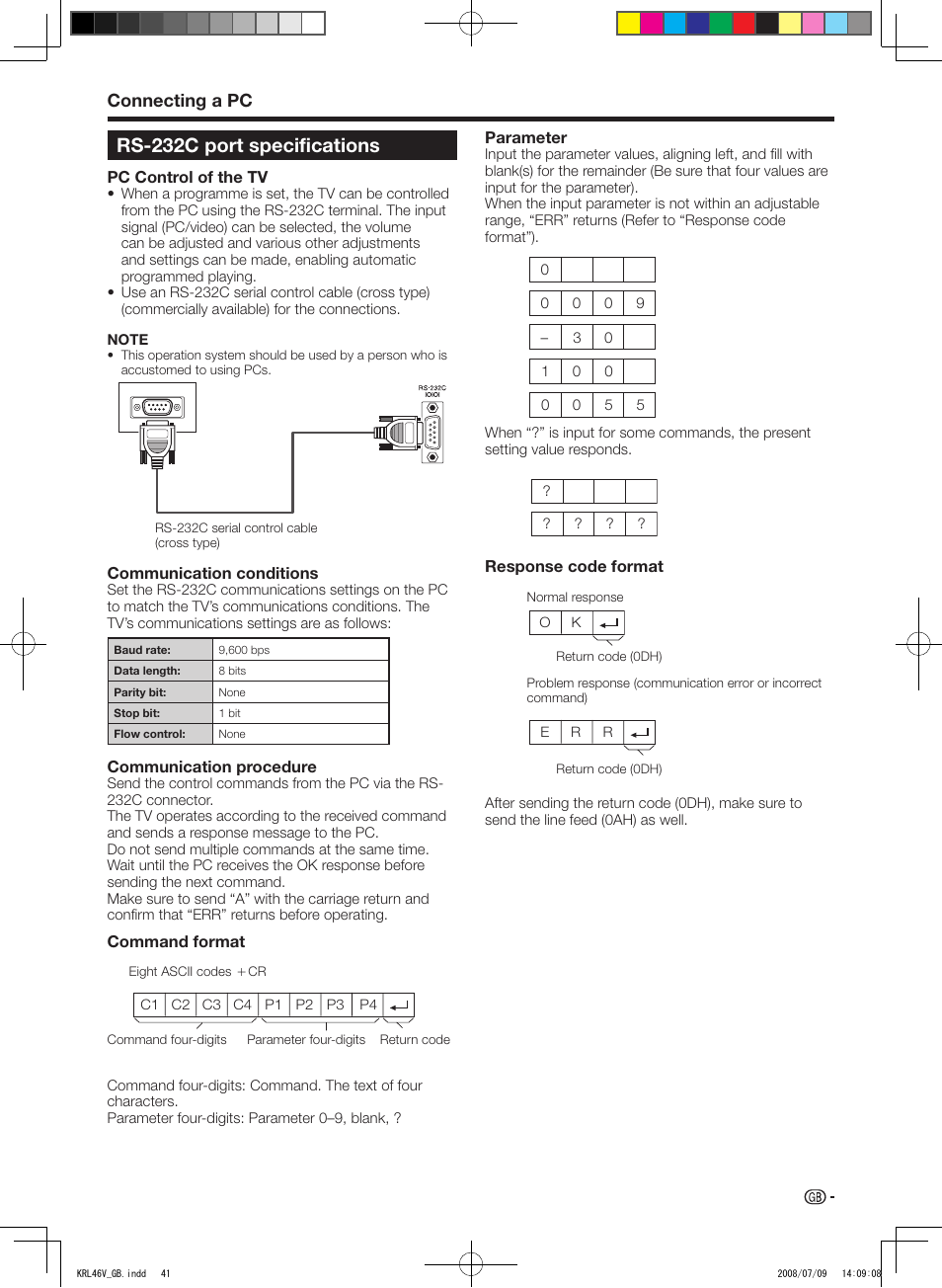 Rs-232c port specifications, Connecting a pc | Pioneer KRL-46V User Manual | Page 43 / 338