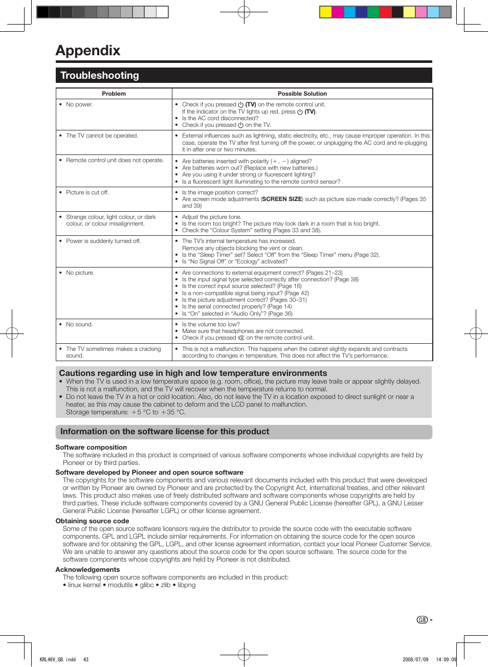 Appendix, Troubleshooting | Pioneer KRL-46V User Manual | Page 45 / 338