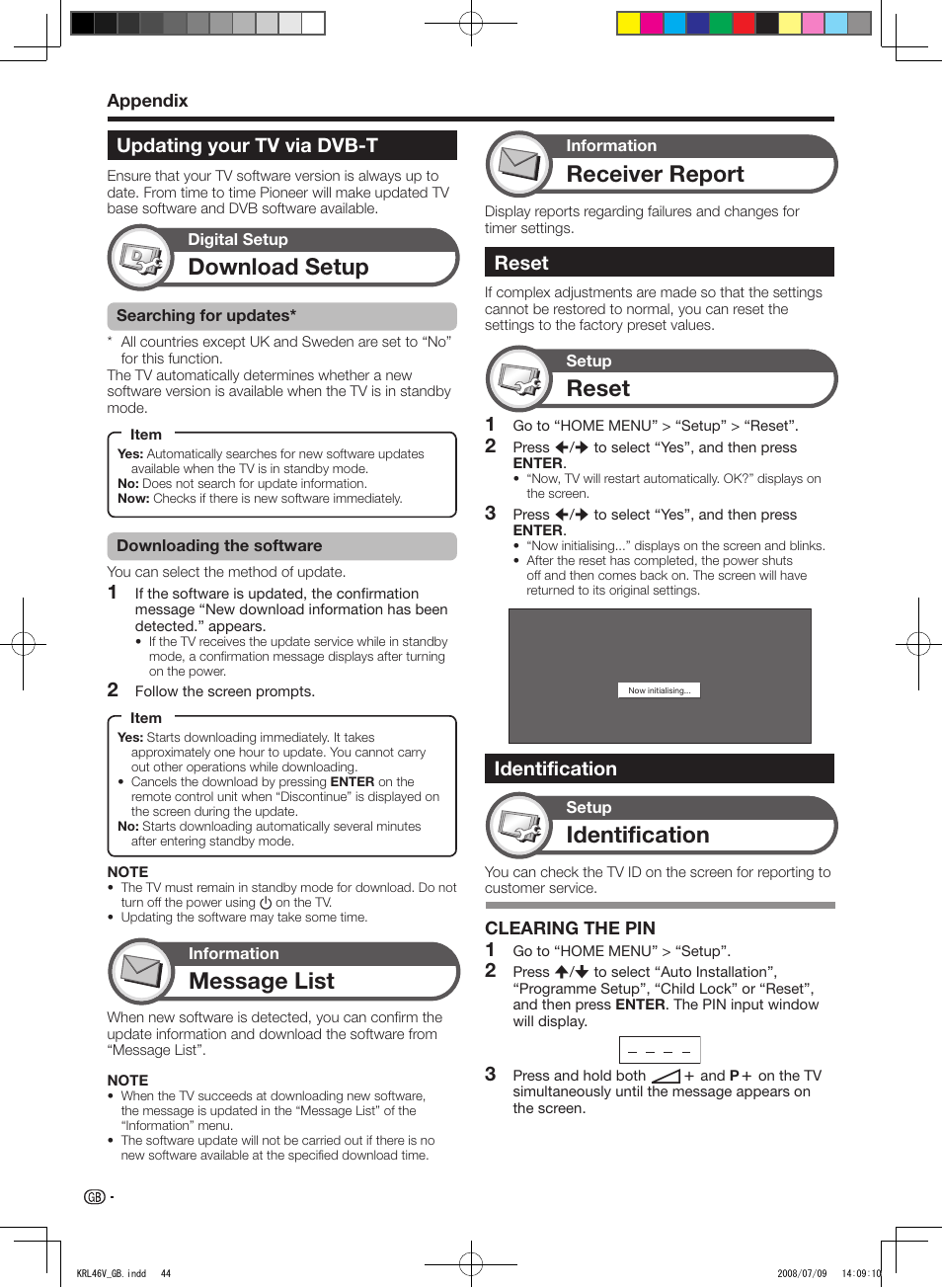 Updating your tv via dvb-t, Reset, Identification | Download setup, Message list, Receiver report | Pioneer KRL-46V User Manual | Page 46 / 338