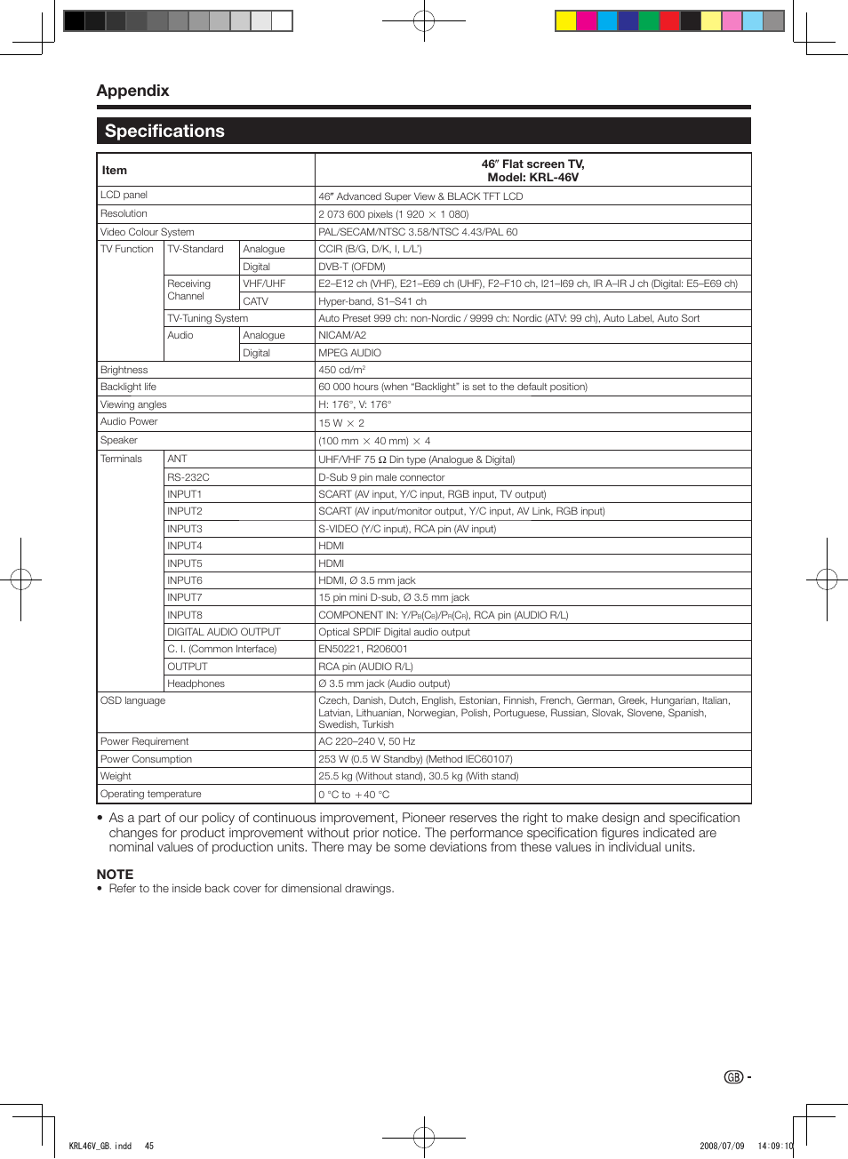Specifications, Appendix | Pioneer KRL-46V User Manual | Page 47 / 338