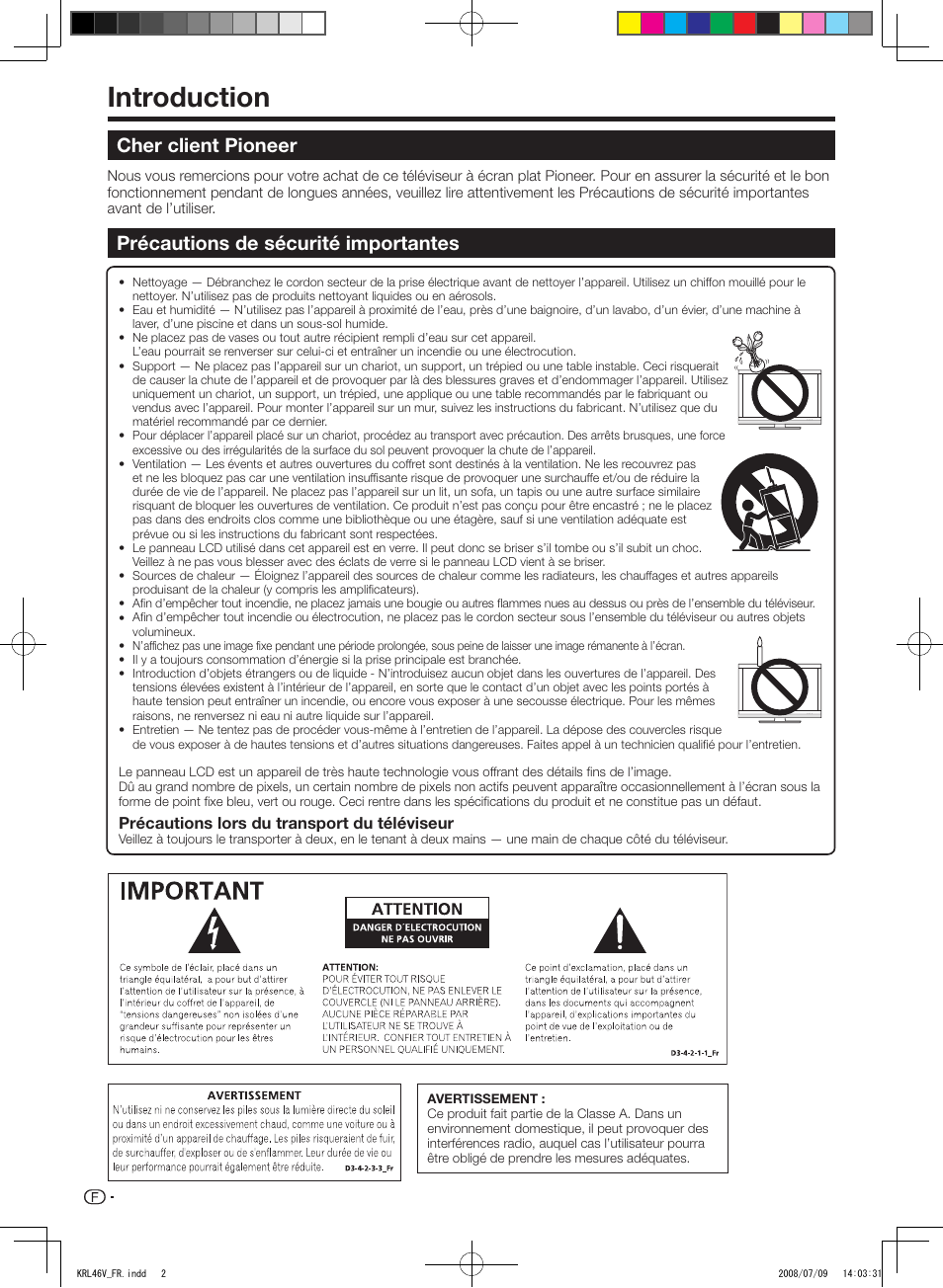 Introduction, Cher client pioneer, Précautions de sécurité importantes | Pioneer KRL-46V User Manual | Page 52 / 338