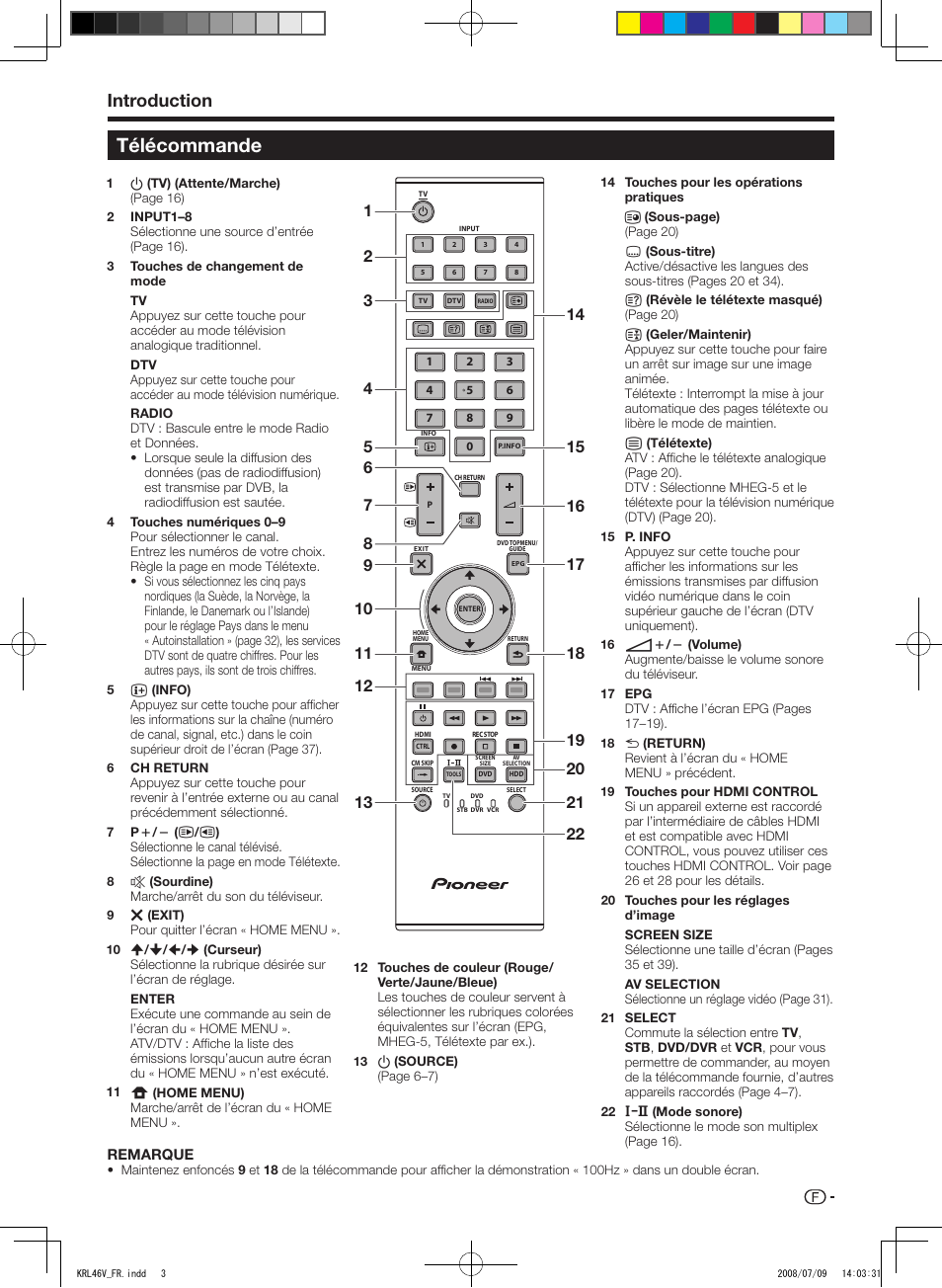 Télécommande, Introduction | Pioneer KRL-46V User Manual | Page 53 / 338