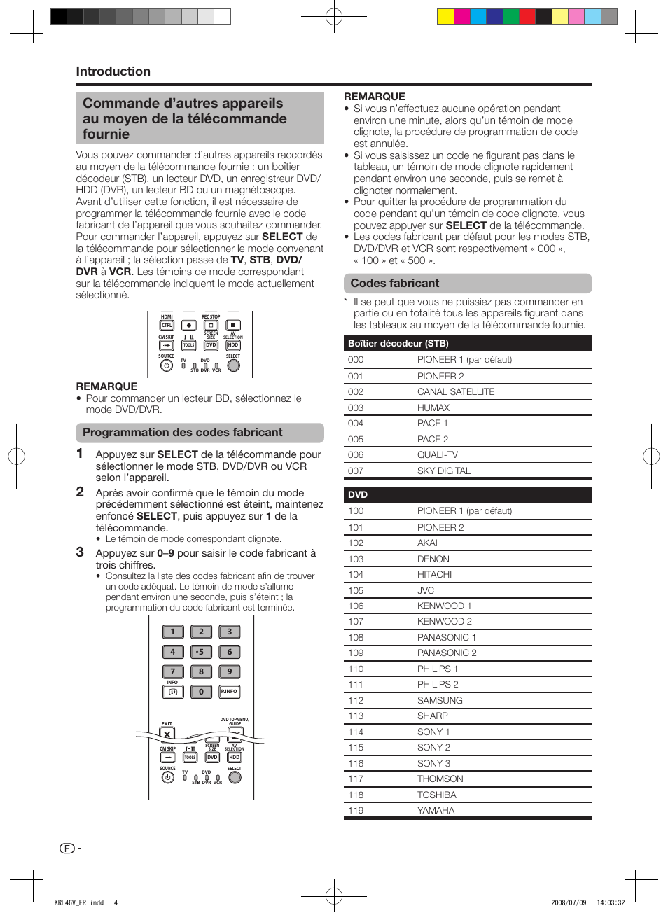 Commande d’autres appareils au, Moyen de la télécommande fournie, Introduction | Programmation des codes fabricant, Codes fabricant | Pioneer KRL-46V User Manual | Page 54 / 338