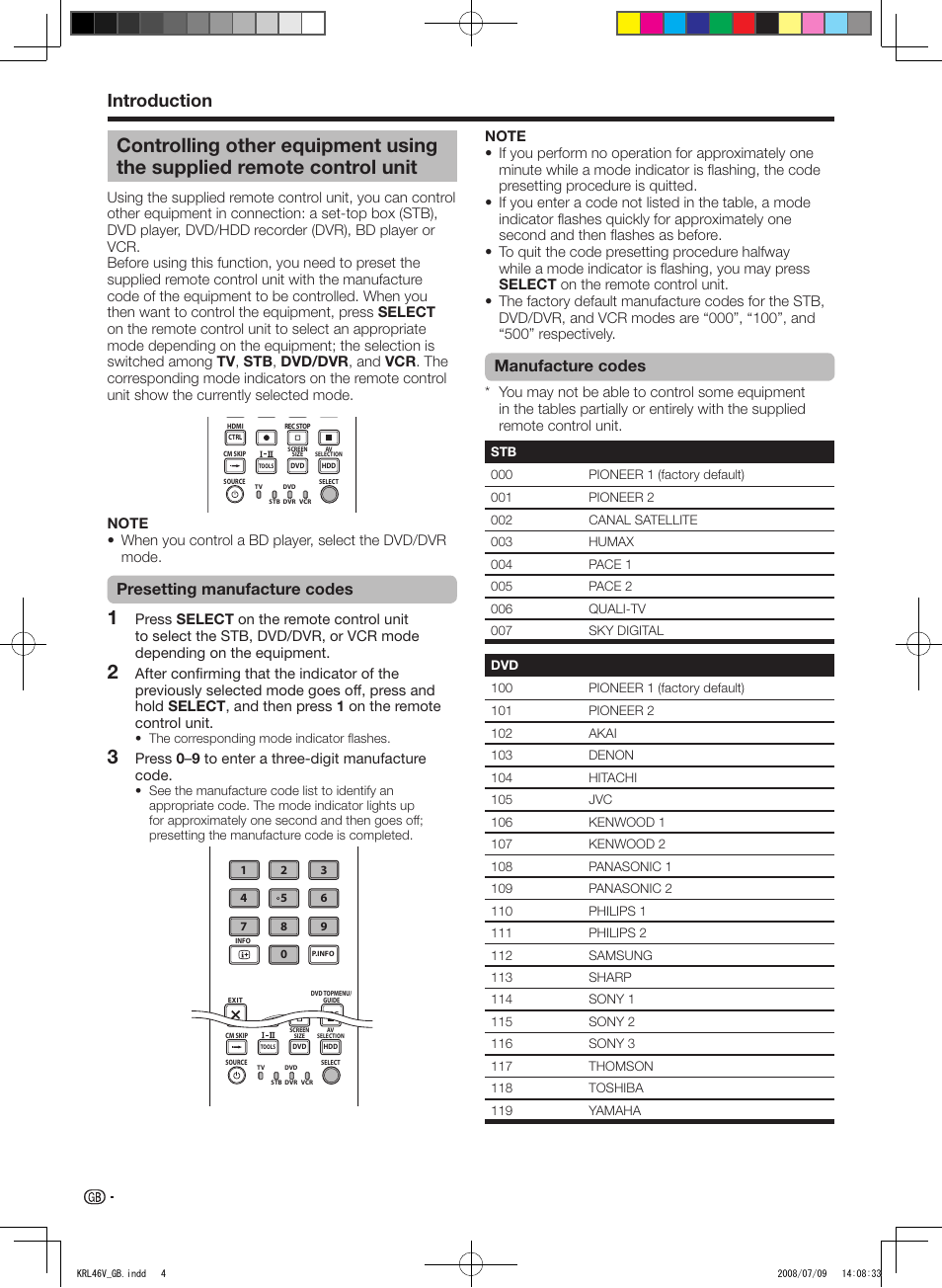 Controlling other equipment using the supplied, Remote control unit, Introduction | Presetting manufacture codes, Manufacture codes | Pioneer KRL-46V User Manual | Page 6 / 338