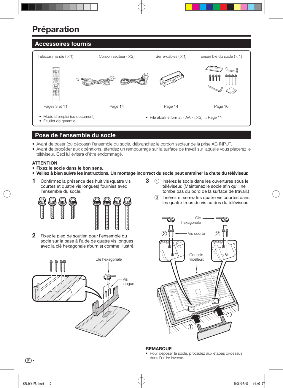 Préparation, Accessoires fournis, Pose de l’ensemble du socle | Accessoires fournis pose de l’ensemble du socle | Pioneer KRL-46V User Manual | Page 60 / 338