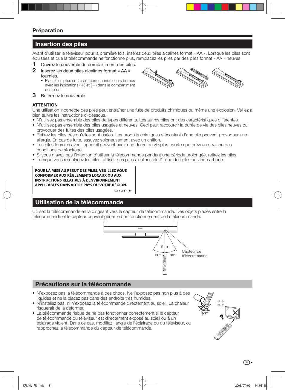 Insertion des piles, Utilisation de la télécommande, Précautions sur la télécommande | Préparation | Pioneer KRL-46V User Manual | Page 61 / 338