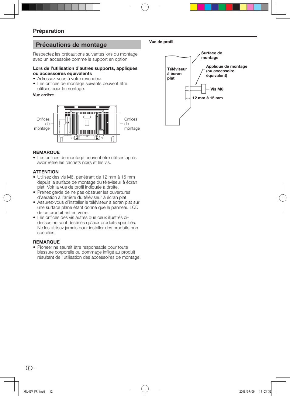 Précautions de montage, Préparation | Pioneer KRL-46V User Manual | Page 62 / 338