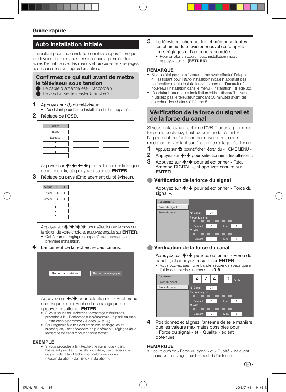 Auto installation initiale, Vérification de la force du signal, Et de la force du canal | Guide rapide, Vérification de la force du canal | Pioneer KRL-46V User Manual | Page 65 / 338