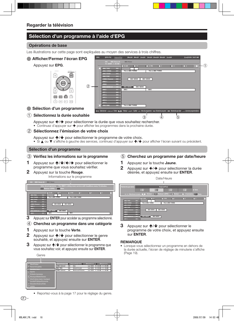 Sélection d’un programme à l’aide d’epg, Regarder la télévision, Vérifiez les informations sur le programme | Cherchez un programme dans une catégorie, Cherchez un programme par date/heure, Sélectionnez l’émission de votre choix, Opérations de base, Afficher/fermer l’écran epg, Esélection d’un programme, Appuyez sur epg | Pioneer KRL-46V User Manual | Page 68 / 338
