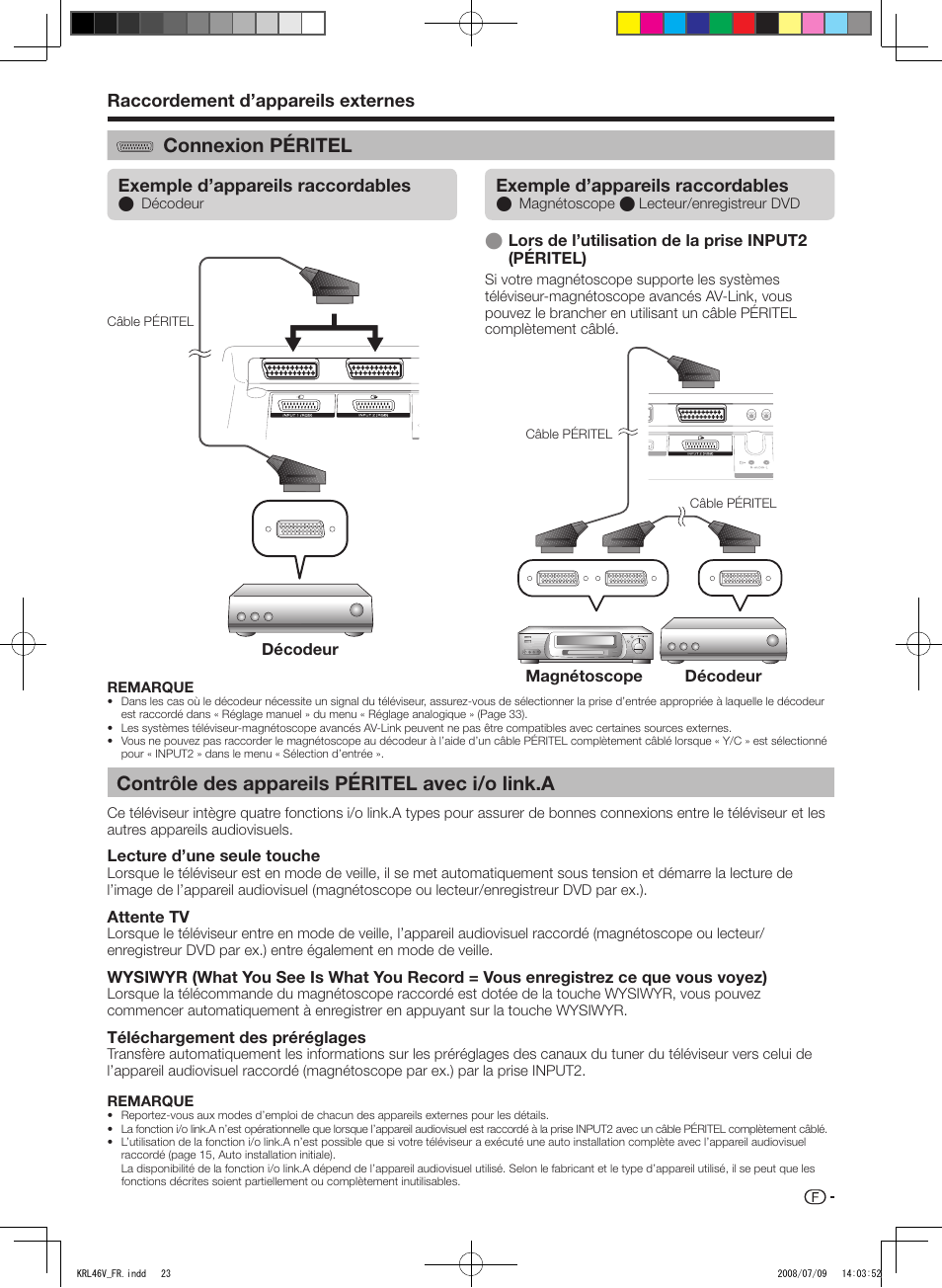 Connexion péritel, Contrôle des appareils péritel avec i/o link.a, Raccordement d’appareils externes | Exemple d’appareils raccordables | Pioneer KRL-46V User Manual | Page 73 / 338