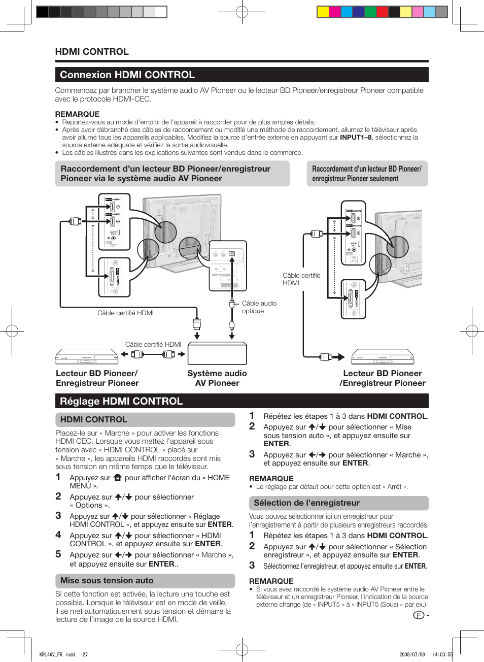 Connexion hdmi control, Réglage hdmi control | Pioneer KRL-46V User Manual | Page 77 / 338