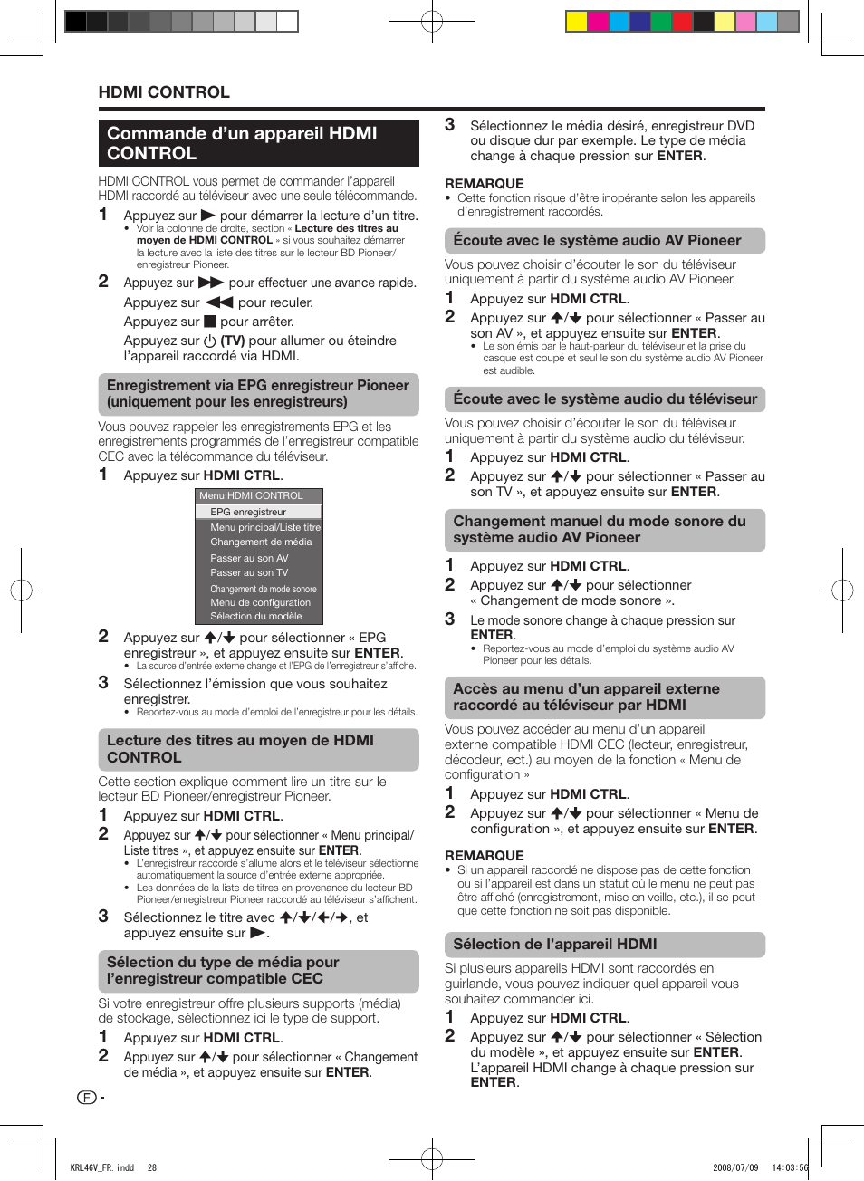 Commande d’un appareil hdmi control, Hdmi control | Pioneer KRL-46V User Manual | Page 78 / 338