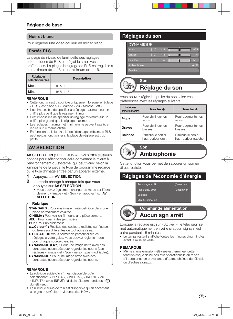 Av selection, Réglages du son, Réglages de l’économie d’énergie | Réglage du son, Ambiophonie, Aucun sgn arrêt, Réglage de base | Pioneer KRL-46V User Manual | Page 81 / 338