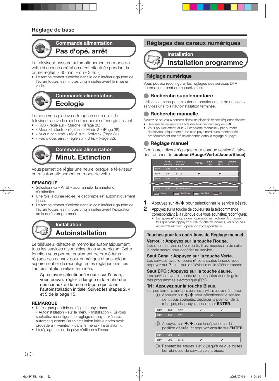 Réglages des canaux numériques, Ecologie, Autoinstallation | Installation programme, Pas d’opé. arrêt, Minut. extinction, Réglage de base, Commande alimentation, Installation, Installation réglage numérique | Pioneer KRL-46V User Manual | Page 82 / 338
