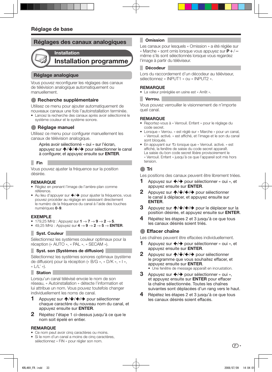 Réglages des canaux analogiques, Installation programme, Réglage de base | Pioneer KRL-46V User Manual | Page 83 / 338