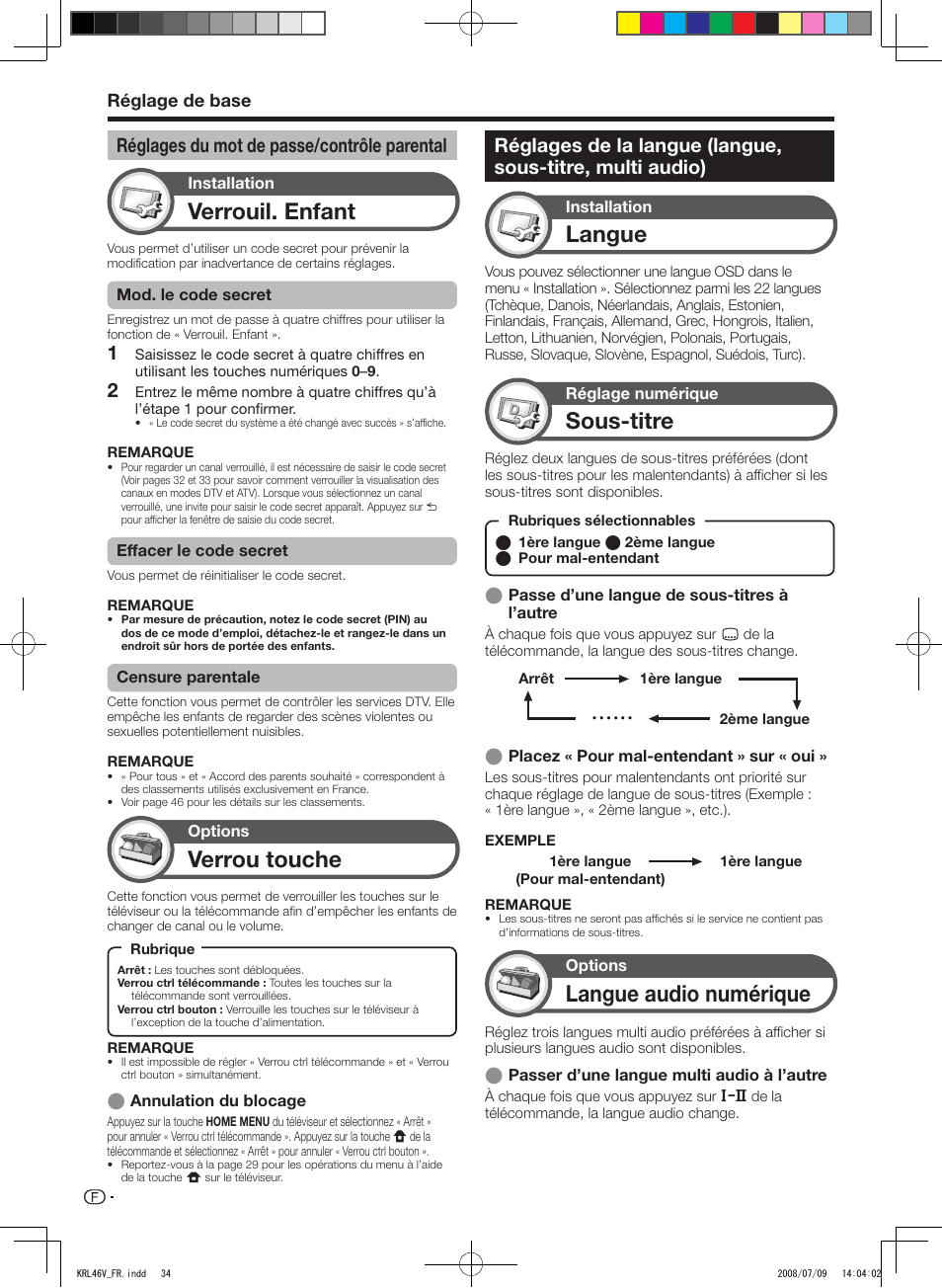 Réglages du mot de passe/contrôle parental, Verrouil. enfant, Langue | Sous-titre, Langue audio numérique, Verrou touche, Réglage de base | Pioneer KRL-46V User Manual | Page 84 / 338