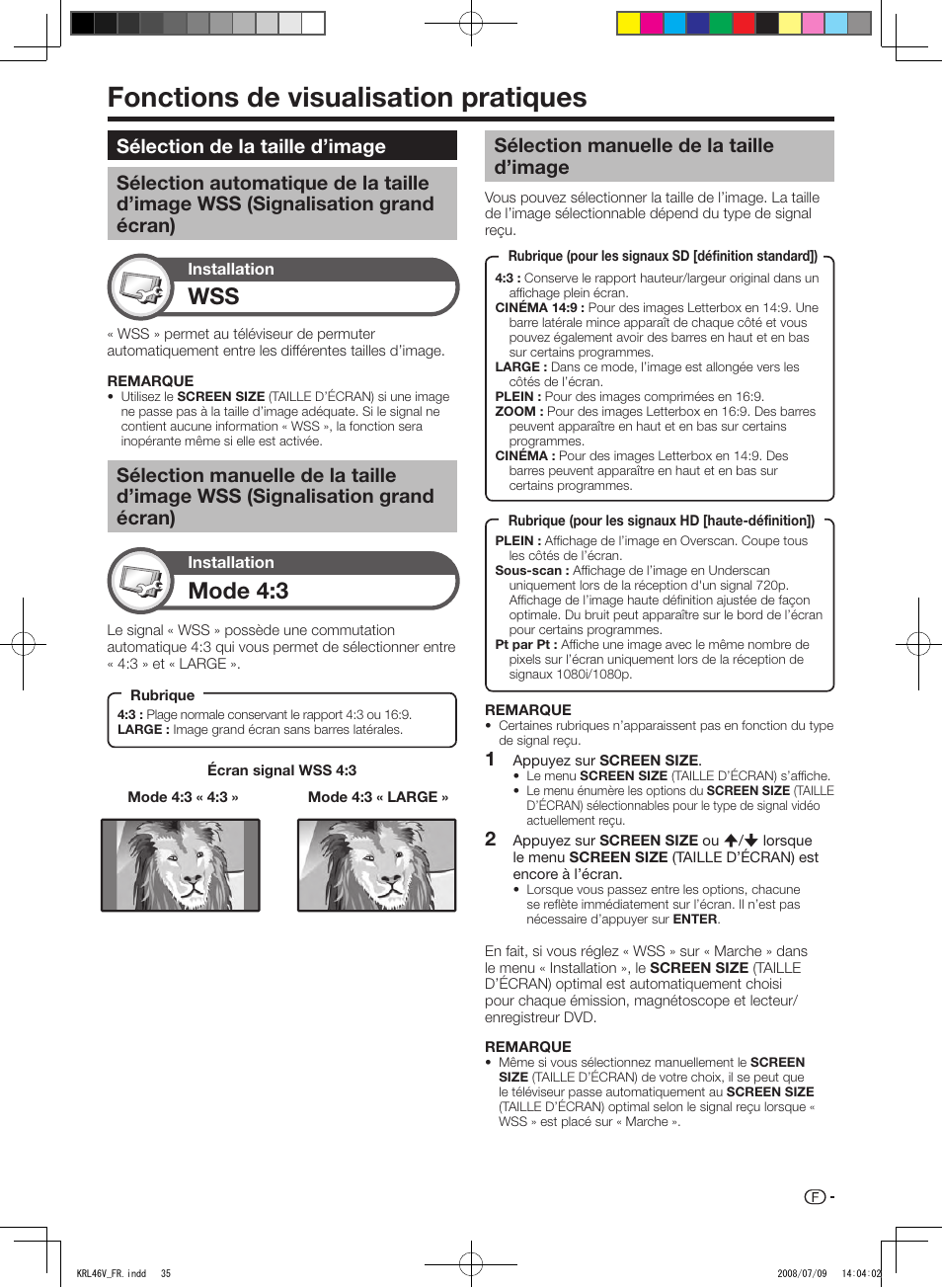 Fonctions de visualisation pratiques, Sélection de la taille d’image, Sélection automatique de la taille d’image wss | Signalisation grand écran), Sélection manuelle de la taille d’image wss, Sélection manuelle de la taille d’image, Mode 4:3 | Pioneer KRL-46V User Manual | Page 85 / 338