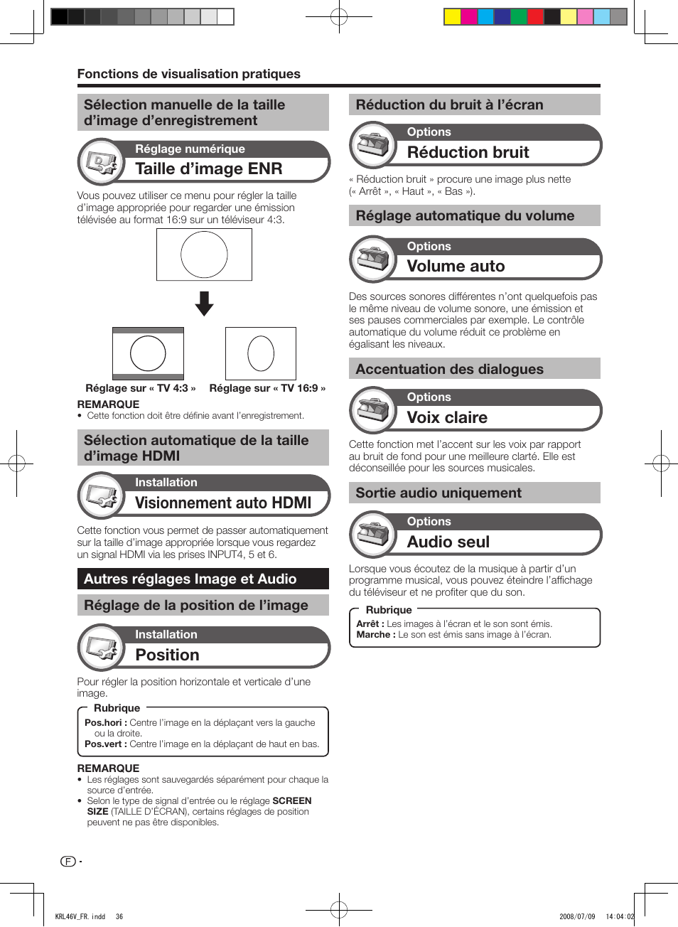 Sélection manuelle de la taille d’image, D’enregistrement, Sélection automatique de la taille d’image hdmi | Autres réglages image et audio, Réglage de la position de l’image, Réduction du bruit à l’écran, Réglage automatique du volume, Accentuation des dialogues, Sortie audio uniquement, Taille d’image enr | Pioneer KRL-46V User Manual | Page 86 / 338