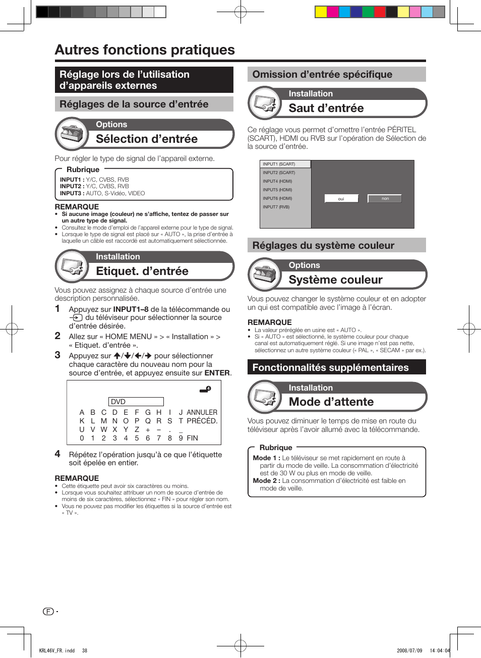 Autres fonctions pratiques, Réglage lors de l’utilisation d’appareils externes, Réglages de la source d’entrée | Omission d’entrée spécifique, Réglages du système couleur, Fonctionnalités supplémentaires, Sélection d’entrée, Etiquet. d’entrée, Saut d’entrée, Mode d’attente | Pioneer KRL-46V User Manual | Page 88 / 338