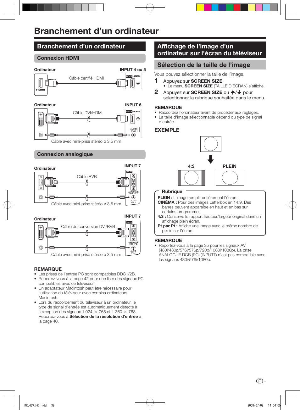 Branchement d’un ordinateur, Affichage de l’image d’un ordinateur, Sur l’écran du téléviseur | Sélection de la taille de l’image | Pioneer KRL-46V User Manual | Page 89 / 338