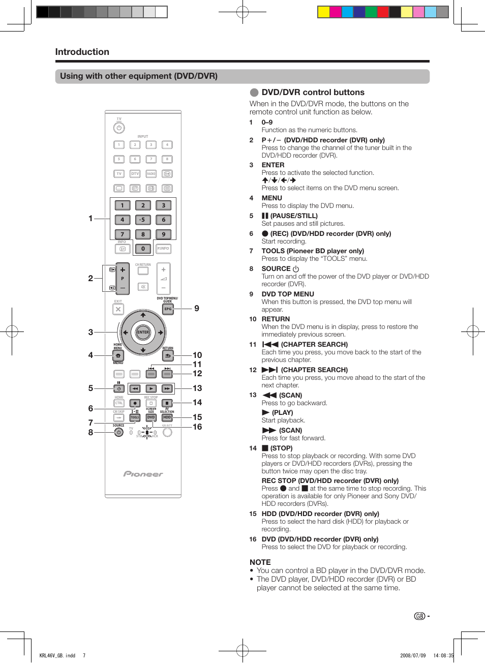 Introduction, Using with other equipment (dvd/dvr) | Pioneer KRL-46V User Manual | Page 9 / 338