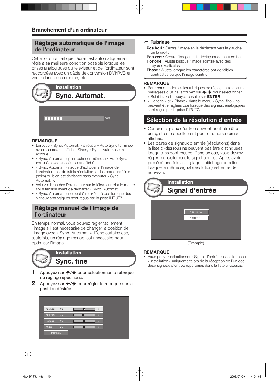 Réglage automatique de l’image de l’ordinateur, Réglage manuel de l’image de l’ordinateur, Sélection de la résolution d’entrée | Sync. fine, Signal d’entrée, Sync. automat, Branchement d’un ordinateur | Pioneer KRL-46V User Manual | Page 90 / 338